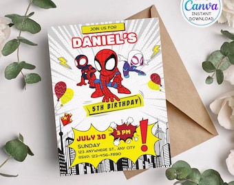 Spidey and Friends Birthday Invitation, Editable Canva Template (Digital Download)