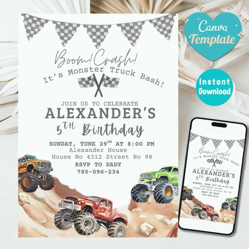 May include: Digital invitation for a monster truck birthday party. The design includes illustrations of monster trucks in red, green, and orange, with the text "Boom! Crash! It's Monster Truck Bash!" and party details.