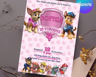 Editable Paw-ty Birthday Invitation Template, Kids Party Invitation, Puppy Patrol Pup Boys & Girls Bday, Instant Download
