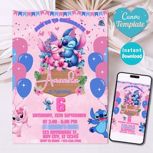 Pode incluir: Convite de aniversário rosa com os personagens Stitch e Angel, balões e detalhes florais. O convite inclui o texto "Amanda faz 6 anos" e detalhes do evento. Um smartphone exibe o mesmo design.
