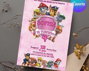Editable Paw-ty Birthday Invitation Template, Kids Party Invitation, Puppy Patrol Pup Boys & Girls Bday, Instant Download