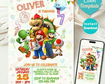 Super Mario Editable Birthday Invitation, Canva Template