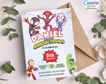 Spidey and Friends Birthday Invitation, Editable Canva Template (Digital Download)
