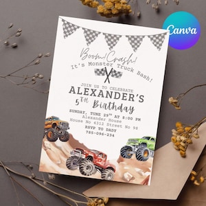 May include: A white invitation card with a monster truck theme. The card features the text "Boom! Crash! It's Monster Truck Bash!" and "Alexander's 5th Birthday". Illustrations of monster trucks in red, green, and orange are also included.