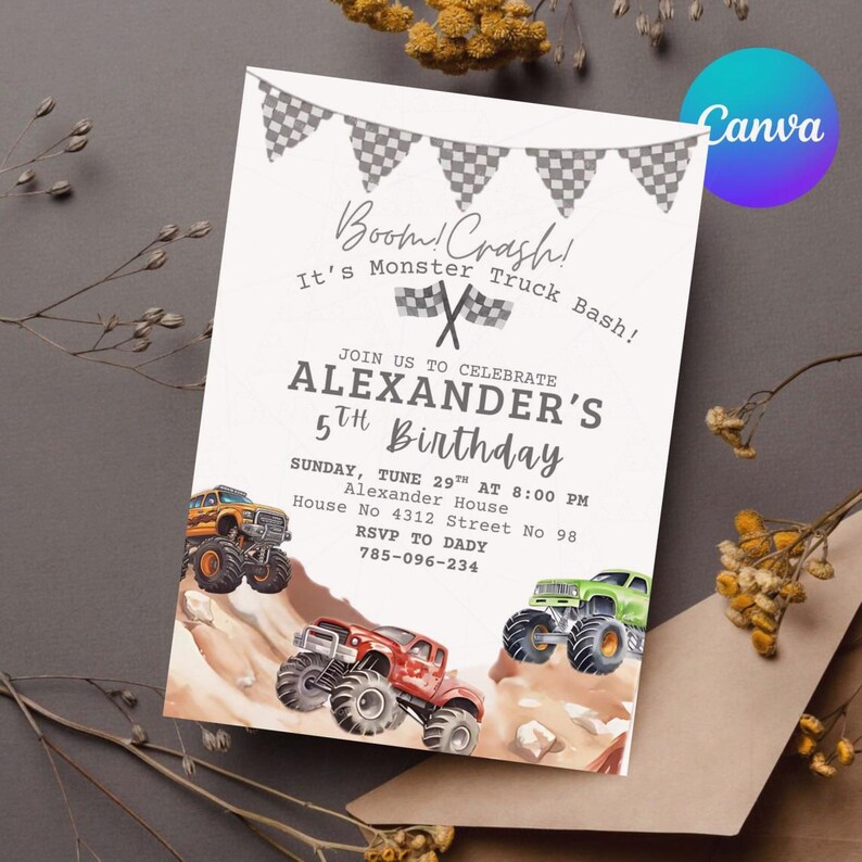 May include: A white invitation card with a monster truck theme. The card features the text "Boom! Crash! It's Monster Truck Bash!" and "Alexander's 5th Birthday". Illustrations of monster trucks in red, green, and orange are also included.