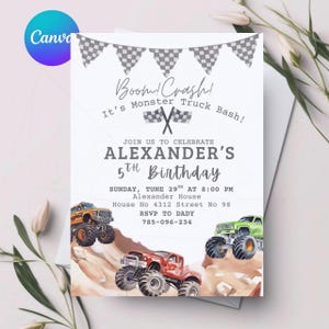 May include: A white invitation card with the text "Boom! Crash! It's Monster Truck Bash!" and "ALEXANDER'S 5th Birthday". The card features illustrations of monster trucks in red, green, and orange, with checkered flags and banner accents.