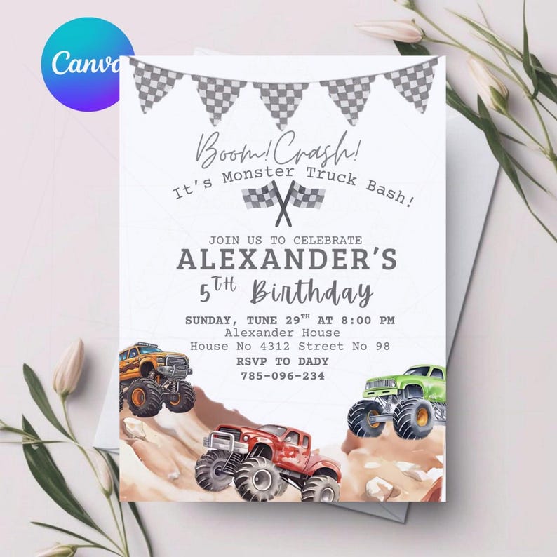 May include: A white invitation card with the text "Boom! Crash! It's Monster Truck Bash!" and "ALEXANDER'S 5th Birthday". The card features illustrations of monster trucks in red, green, and orange, with checkered flags and banner accents.