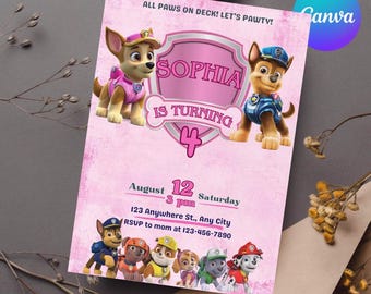 Editable Paw-ty Birthday Invitation Template, Kids Party Invitation, Puppy Patrol Pup Boys & Girls Bday, Instant Download