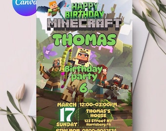 Editable Pixel Birthday Invitation Block Party Invite Gamer Birthday Invitation for Boys Pixel Theme Digital Template Canva Download