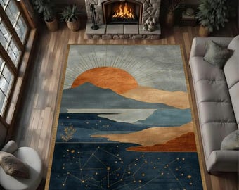 Boho Sunrise Landscape Rug, Celestial Mountain Art Deco Carpet