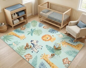Safari Animals Kids Rug, Jungle Nursery Area Carpet