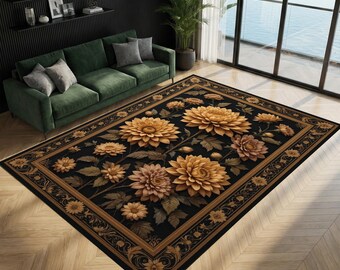 Vintage Floral Black Rug for Living Room Elegant Classic Area Carpet