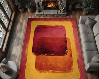 Burgundy Mustard Abstract Area Rug, Modern Geometric Carpet