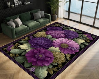 Purple Floral Vintage Rug, Elegant Botanical Flower Area Carpet