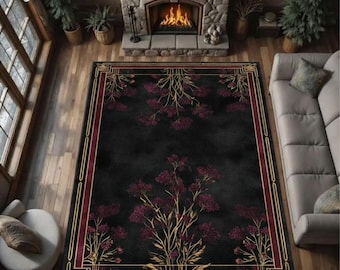 May include: A rectangular black area rug with a floral design. The rug features a dark background with burgundy and gold accents. The floral pattern is in burgundy, and the border is gold and burgundy.