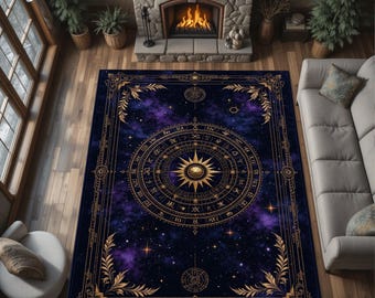 Golden Zodiac Star Map Rug, Celestial Astrology Carpet