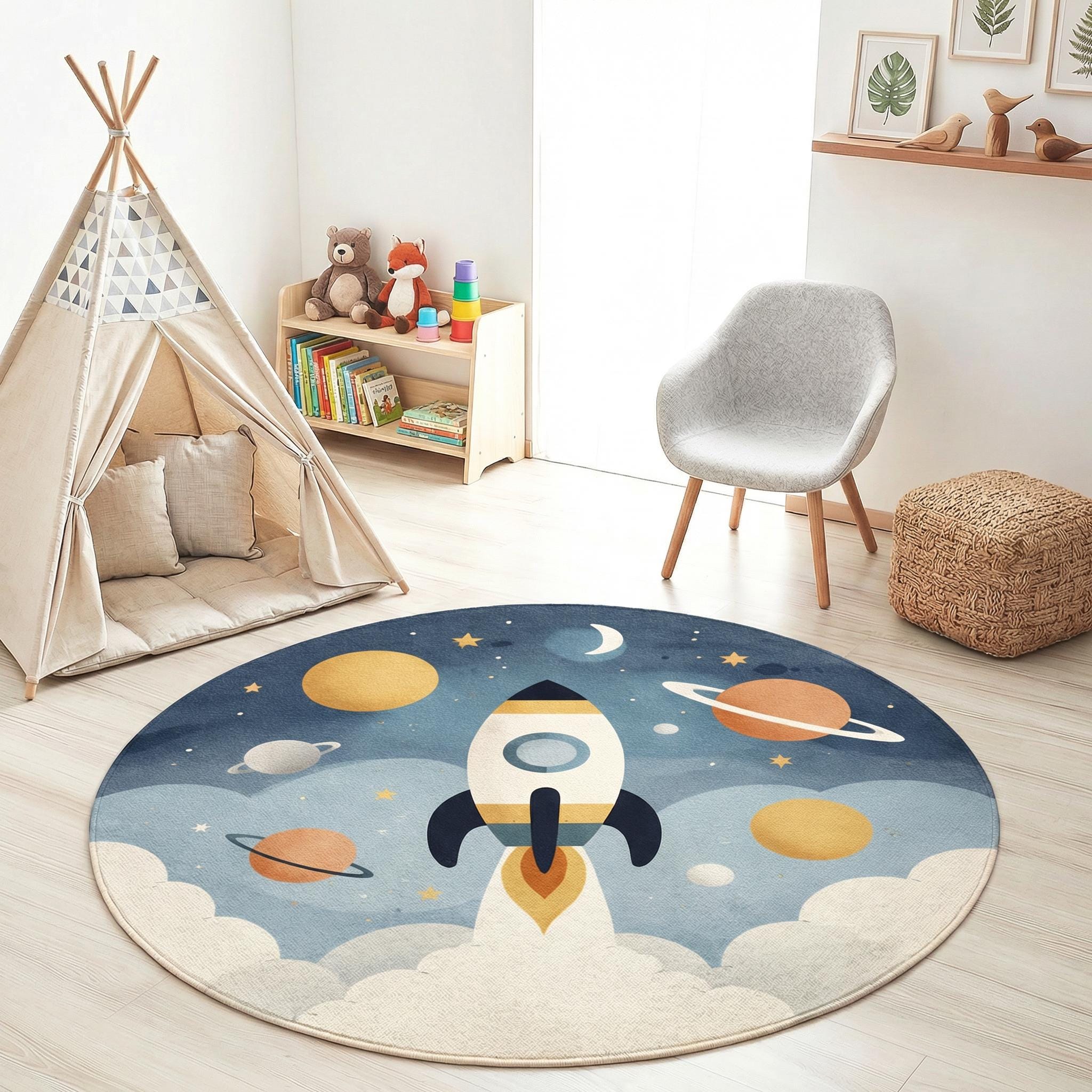 Rocket Circular Rug Space Rocket Kids Round Rug, Planet Nursery Carpet, Outer Space ...