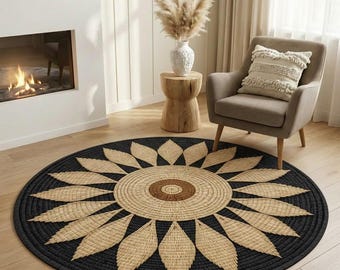 Sun Pattern Round Jute Style Rug, Natural Area Carpet