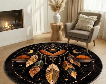 Boho Celestial Round Area Rug, Moon Dreamcatcher Carpet