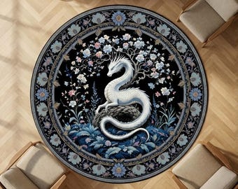 Round Dragon Floral Rug, Dark Oriental Botanical Area Carpet