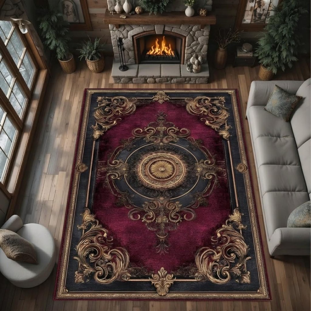 Burgundy Baroque Medallion Area Rug Vintage Ornate Gothic Carpet Decor ...