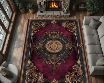 Alfombra con medallón barroco burdeos, decoración gótica vintage ornamentada