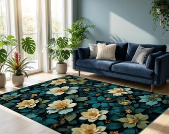 Dark Floral Area Rug for Living Room, Botanical Flower Carpet Home Decor