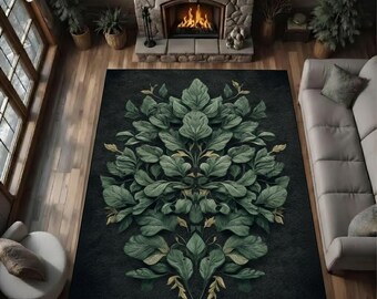 Emerald Botanical Medallion Rug, Vintage Floral Art Carpet