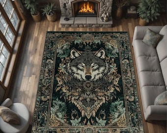 Wolf Motif Rug, Nature Inspired Ornate Area Carpet