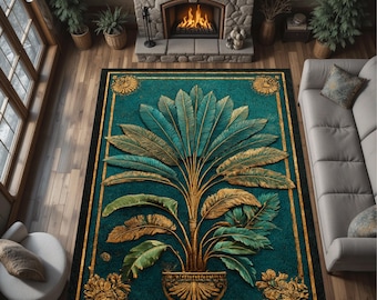 Tropical Palm Leaf Rug, Teal Botanical Luxury Area Carpet