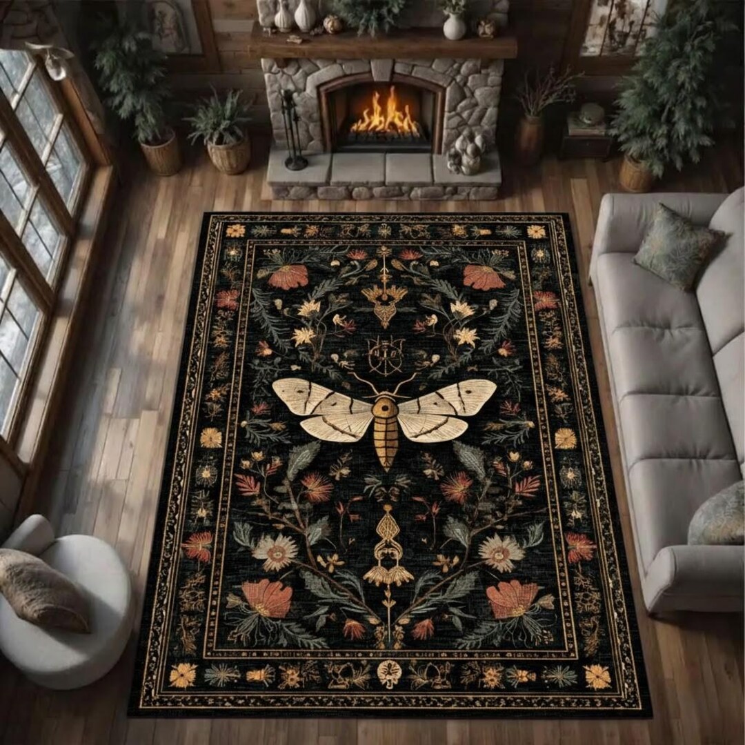 Modern Black Insect Rug Gothic Moth Rug, Vintage Botanical Insect Carpet, Dark Floral Decor - Etsy