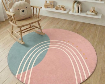 Round Pastel Rainbow Kids Rug, Minimal Nursery Carpet