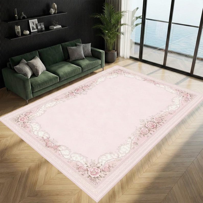 Border Area Rug Pink Pink Floral Border Rug, Romantic Vintage Area Carpet - Etsy