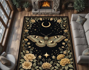 Moon Moth Floral Rug, Gothic Celestial Luxury Area Carpet