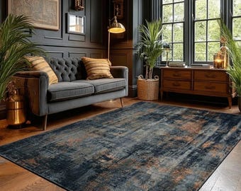 Abstract Vintage Blue Gray Area Rug, Modern Textured Carpet