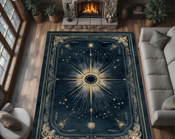 Alfombra con diseño de sol celestial dorado azul marino y constelación gótica vintage