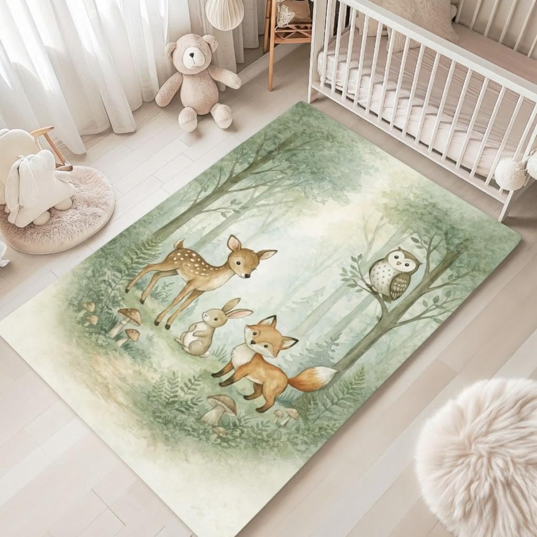 Woodland Animal Nursery Rug, Forest Deer Fox Bunny Owl Carpet - Etsy