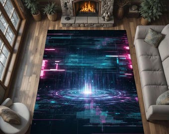 Cyberpunk Neon Area Rug, Futuristic Glitch Carpet, Sci Fi Gaming Room Decor