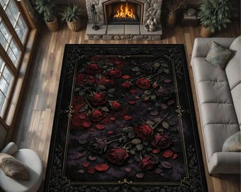 Gothic Rose Area Rug, Dark Academia Floral Carpet