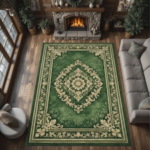 May include: A rectangular green area rug with an ornate floral design in shades of gold and cream. The rug features a central medallion and a detailed border. The rug is placed in a living room setting with a fireplace and sofa.