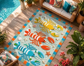 Coastal Lobster Runner Rug Beach Kitchen Mat Nautical Decor