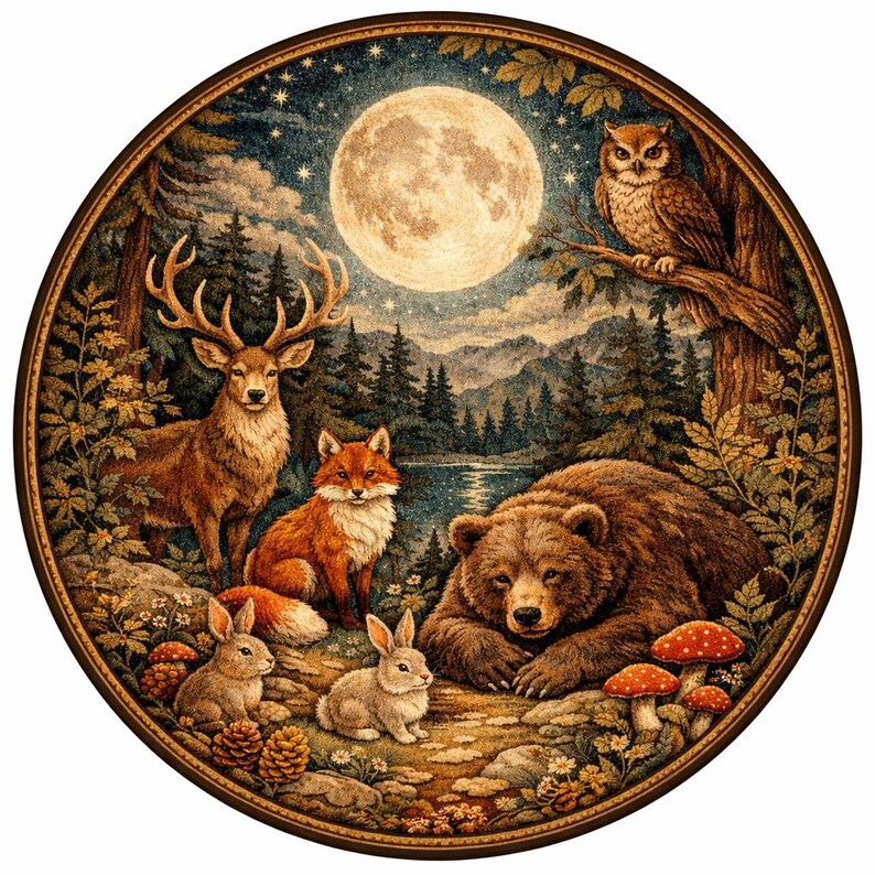 K&ouml;nnte beinhalten: Rundes Kunstwerk, das eine mondbeschienene Waldszene zeigt. Ein Vollmond scheint &uuml;ber einem Wald mit einem Hirsch, einem Fuchs, einem B&auml;ren, einer Eule und Kaninchen. Das Kunstwerk hat einen detaillierten Vintage-Stil mit warmen, erdigen T&ouml;nen und einem sternenklaren Nachthimmel.