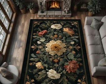 Vintage Dark Floral Botanical Area Rug