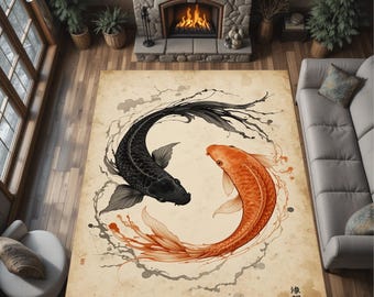 Yin Yang Koi Fish Area Rug, Japanese Zen Modern Carpet