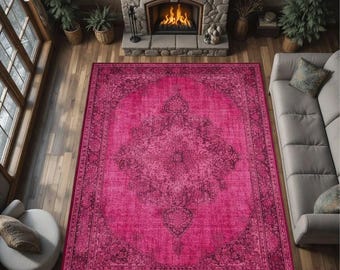Pink Vintage Oriental Area Rug Floral Medallion Pattern Distressed Traditional Floor Carpet
