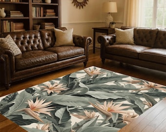 Tropical Botanical Floral Rug, Pastel Jungle Leaf Area Carpet