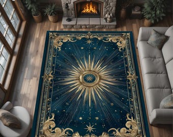 Alfombra celestial con diseño de sol y dorado verde azulado, con decoración vintage de constelaciones ornamentadas.