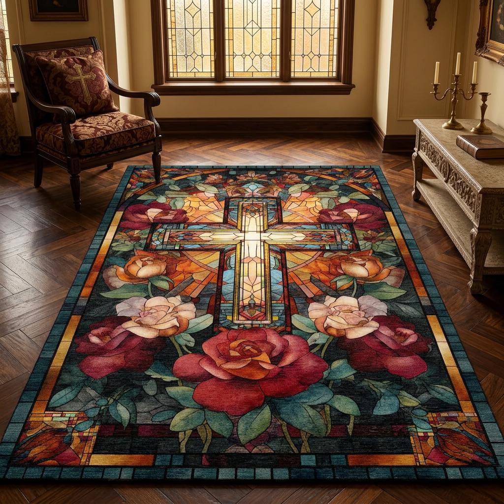 Christian Cross Floral Rug Stained Glass Rose Area Carpet - Etsy