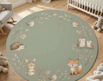 Woodland Animals Round Rug, Sage Green Nursery Carpet, Forest Baby Playroom Decor