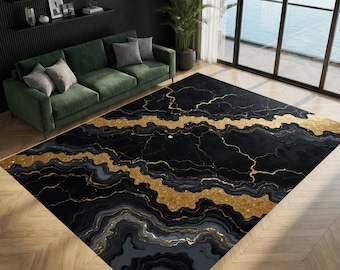 Black Gold Marble Abstract Rug, Luxury Modern Area Carpet